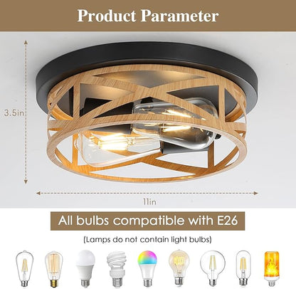 2 Pack Close to Ceiling Light Fixtures, 2-Light Indoor House Flush Mount Ceiling Light, 11 Inch Metal Cage Cross Wood Finish Farmhouse Ceiling Lights for Kitchen Hallway Bedroom