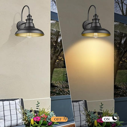 Outdoor Barn Light Fixtures, 12.3 Inch Large Dome Farmhouse Wall Mount Light Gooseneck Wall Sconce Exterior Wall Lighting Fixture Industrial Black Finish Lantern for Porch with Gold Interior, 2pack