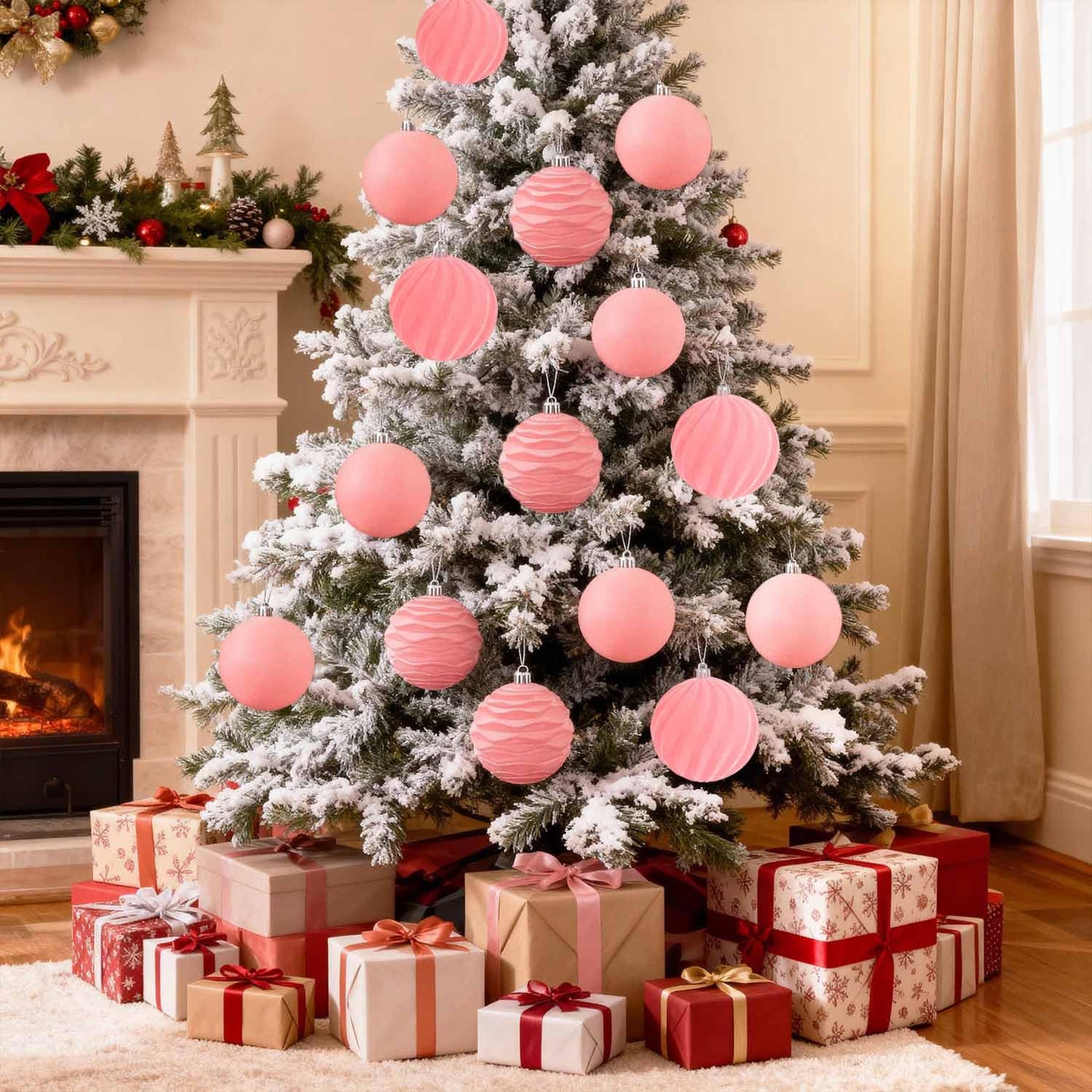 Artmag 4 PCS Large Velvet Christmas Balls Ornaments Shatterproof Hanging Set Flocked for Xmas Tree Holiday Party Decorations (Pink,4 Inch)