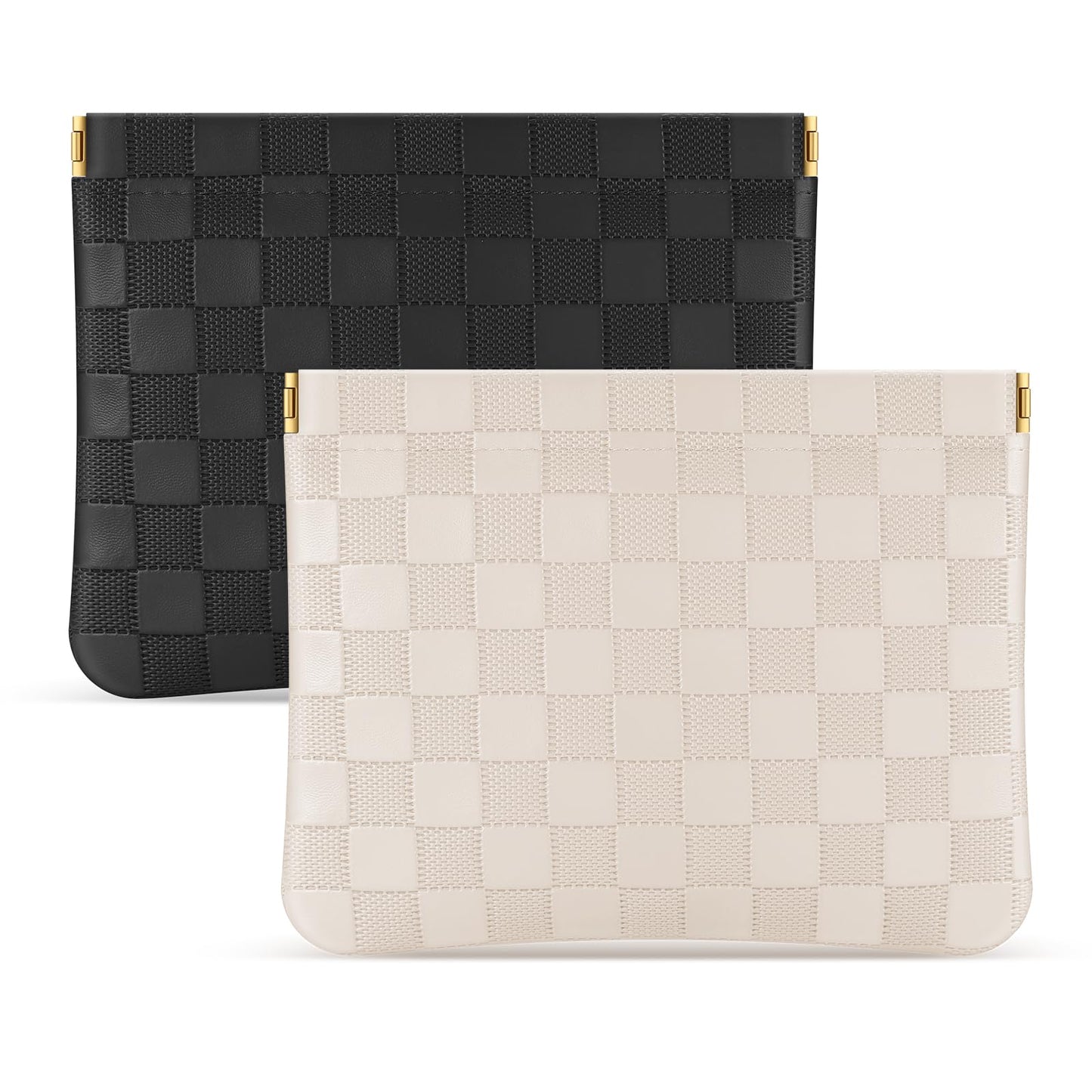 Sightor 2PCS Pocket Cosmetic Bag for Purse, Checkered Makeup Bag Portable Leather Cosmetic Bag for Women, Coin Purse Lipstick Cosmetic Accessories Organizer Travel Cosmetic Pouch (Black, Beige, L)