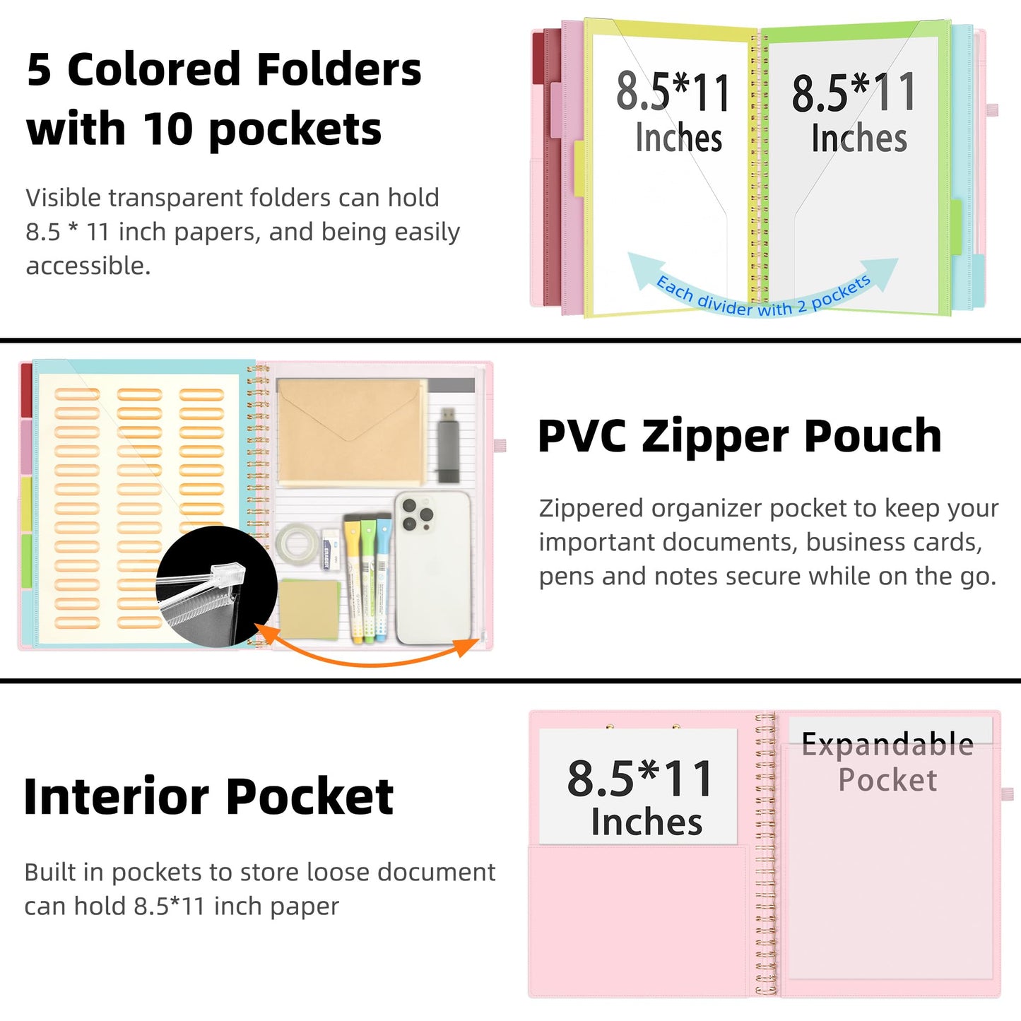 Ospelelf Leather Clipboard Folio with Notepad for Letter Size, Spiral Clipboard Folder with Storage Zipper Pouch, 5 Folders with 10 Pockets, 39 Divider Label Stickers, Pen Loop Series (Pink)