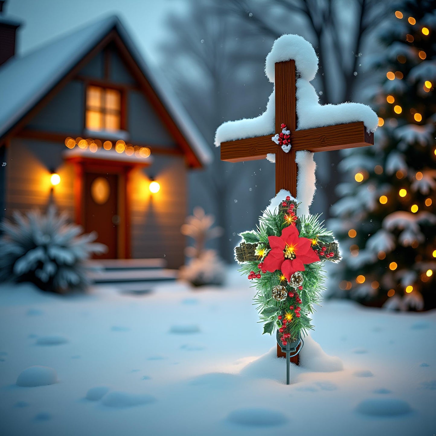 YULETIME 36" Christmas Cross Stake, Solar Powered with 15 Fairy Lights, Metal Cross, Natural Rattan, Red Poinsettia & Berries, Pine Cones, Pine Needles (Red)