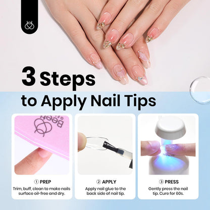 Beetles Gel Nail Kit Short Almond, 240Pcs Easy Nail Extension Set Shaped Clear Tips with 5 in 1 Nail Glue Base & Top Coat and Mini UV Lamp, Nail Tips Art Acrylic Nail Kit Gifts for Women