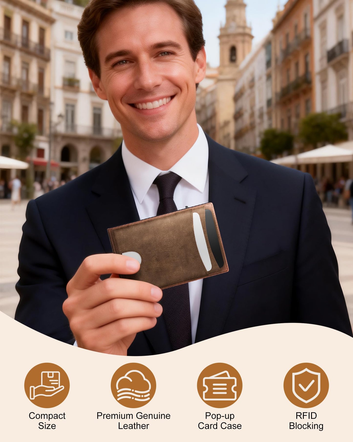 ERUSEHE Wallet for Men: Pop Up Card Case, RFID Blocking, Slim, Minimalist, Genuine Leather, Front Pocket, Smart, Thin, Compact, Magnetic Flap Closure - 2 ID Windows, Up to 12 Cards & 15 Bills (Brown)