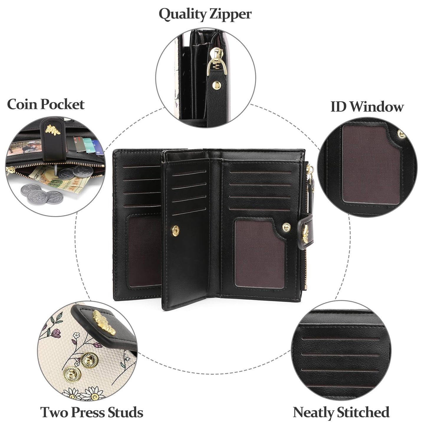 GAEKEAO Wallets for Women RFID Blocking Medium Bifold Ladies Wallet Vegan Leather Floral Card Holder Purse Zipper Coin Pocket