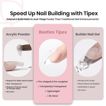 Beetles Tipex Gel Nail Kit, Medium Almond Nail Tips 224 Pcs 16 Sizes Pre-Building Pre-Etched Thick Acrylic Tips with Tipex Glue, Mini Lamp