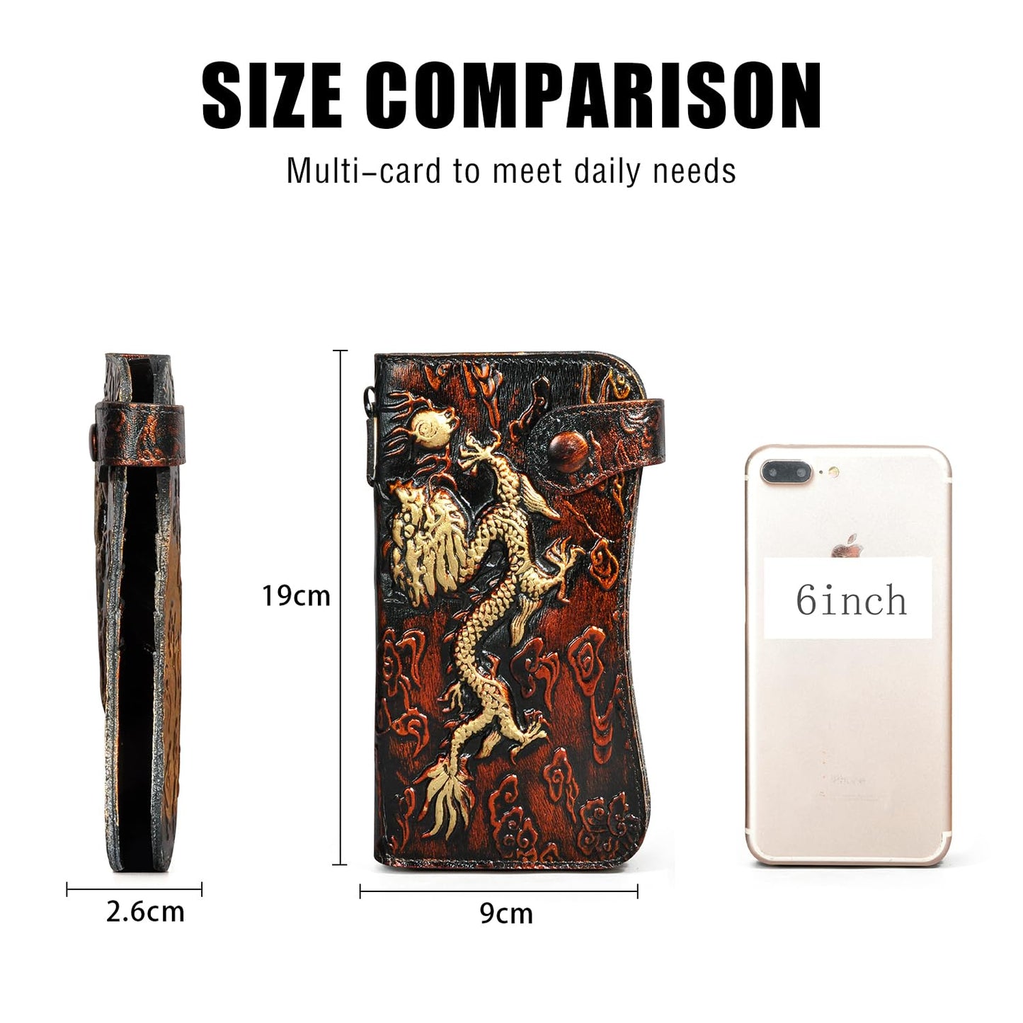 Handadsume Genuine Crazy Horse Leather Travel Gift Coin Pocket Card Case Long Organizer Chain Rfid Wallet Purse With Snap For Men Male 1088 (1088 Orange)
