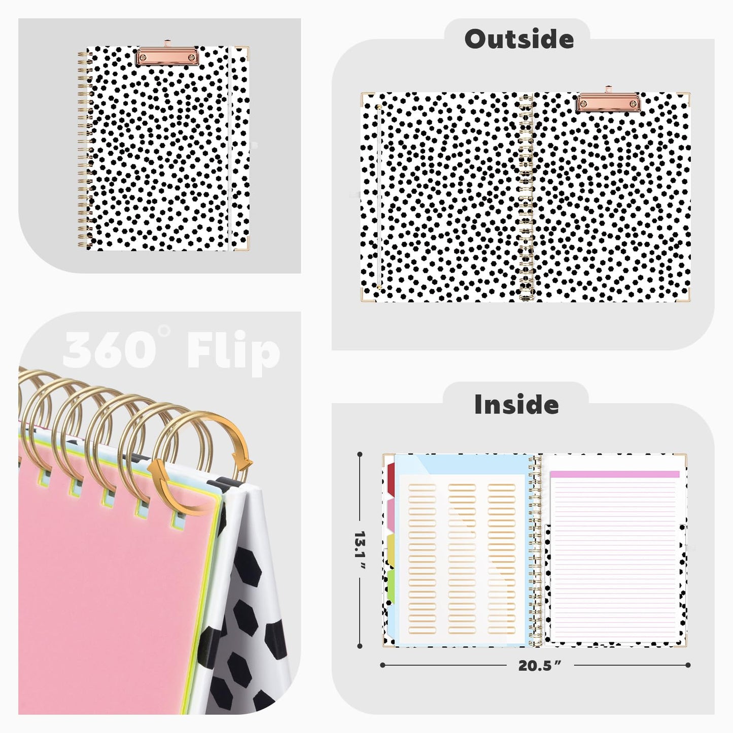 EYROZILL Clipboard with Storage, Clipboards for Letter Size, Clip Board with 5 Folders and 10 Pockets, Spiral Cute Clipboard for Office School Nursing, 8.5'' x 11'' (Dots, Letter Size)