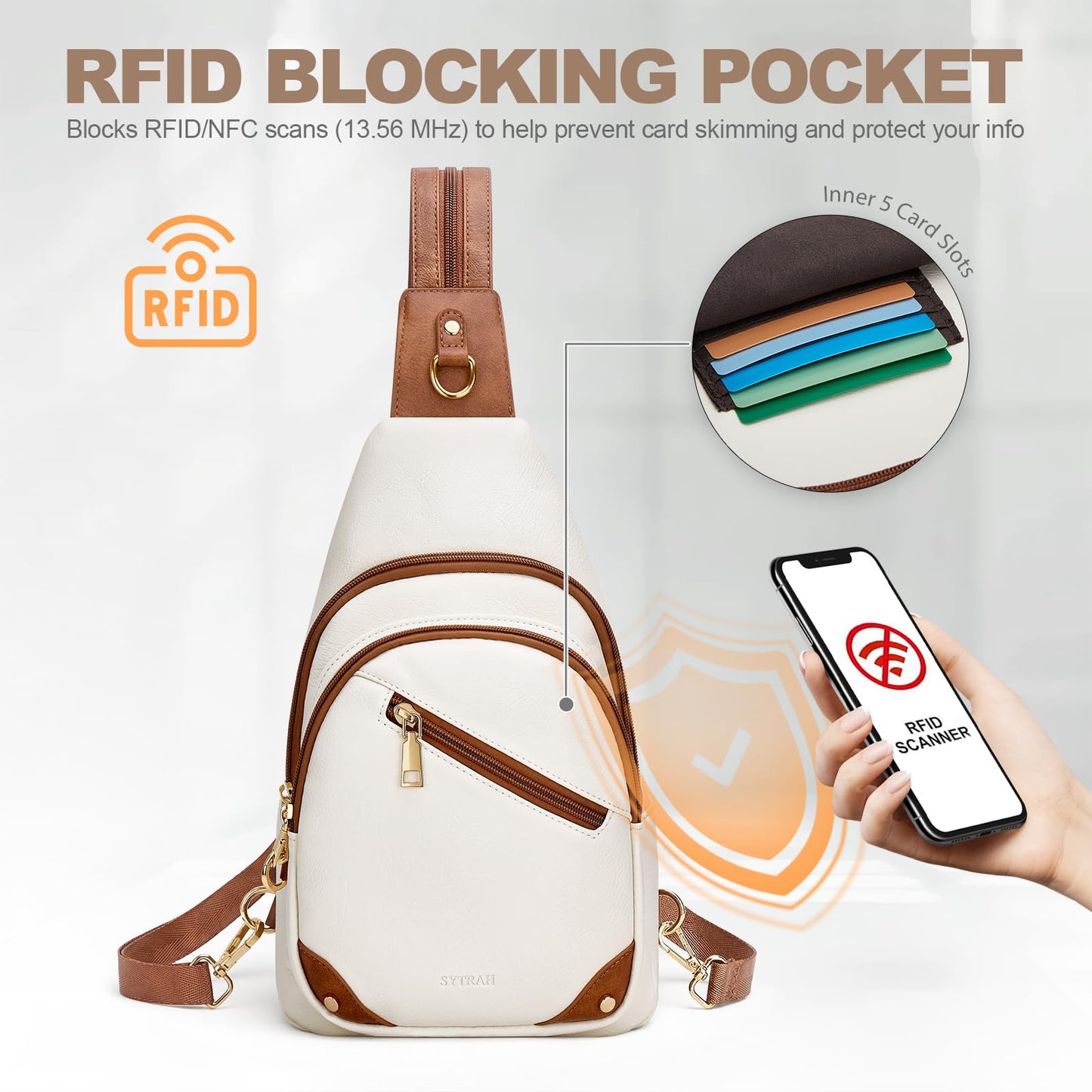 SYTRAH Anti Theft Sling Bag for Women, RFID Crossbody Purses Convertible Sling Backpack, Cross Body Purse Chest Bag for Travel Daily Use Beige Brwon