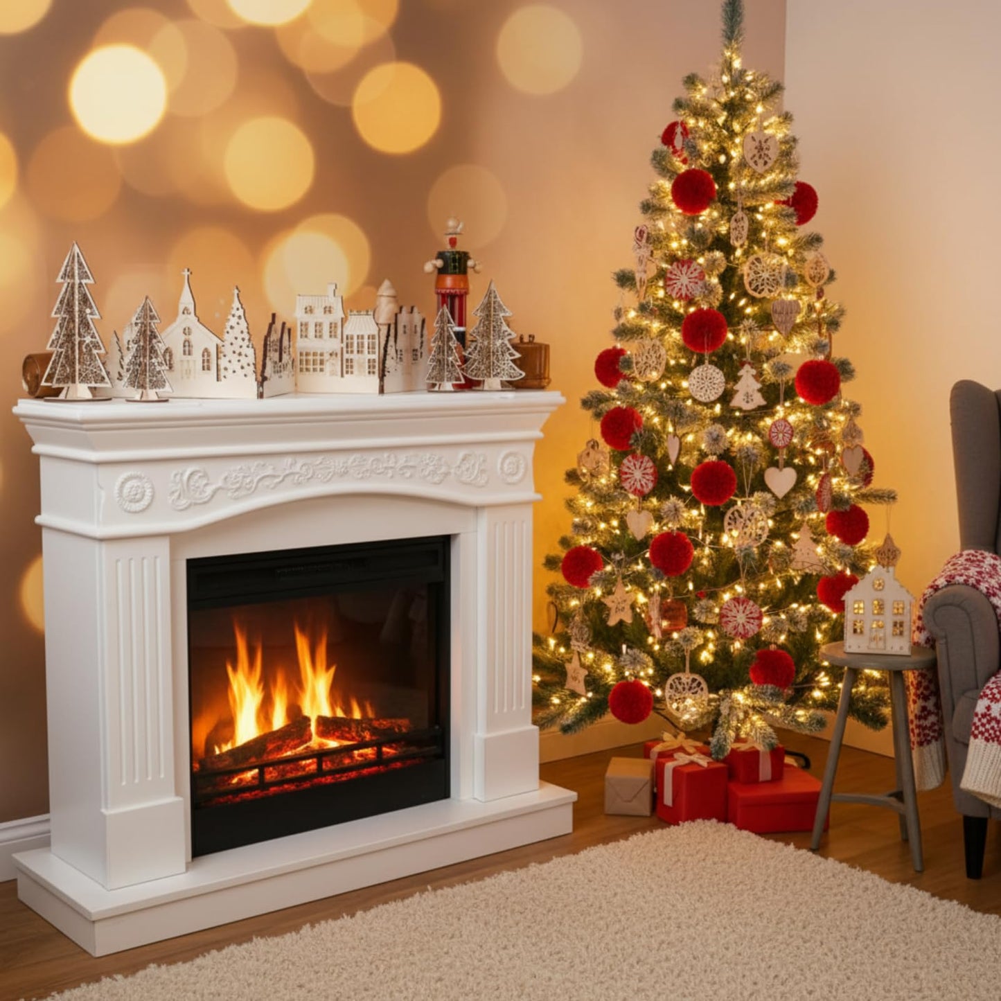 32 Inch Christmas Tabletop Decoration Wooden Christmas Themed Church Tree and House Signs Farmhouse Centerpiece for Home Kitchen Table Shelf Decor