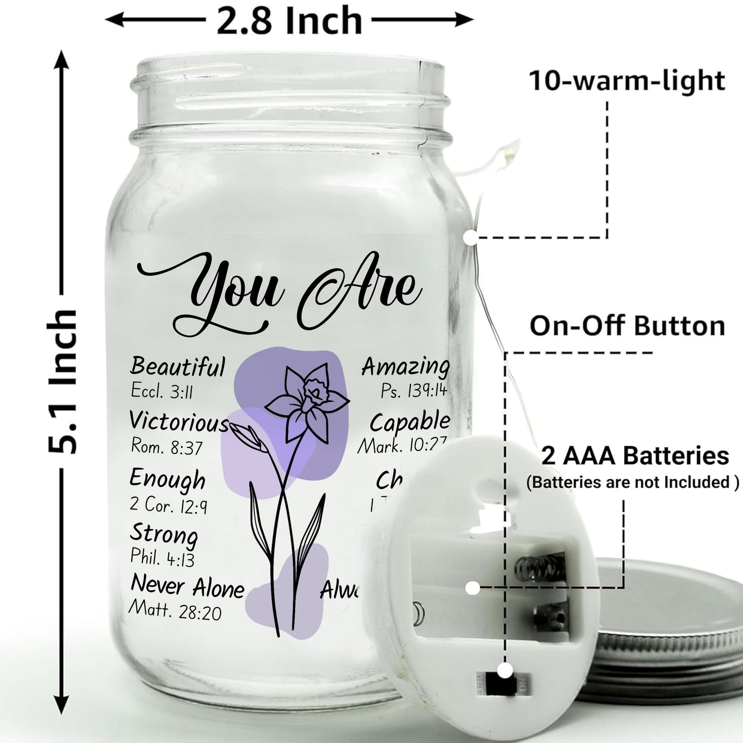 Religious Gifts for Women Christian Mason Jar Lamp - Easter Mothers Day Inspiration for Mom Bible Encouragement Gifts for Women - Faith Jar 14oz Nightlight Bible Scripture for Mom Nana Girlfriend