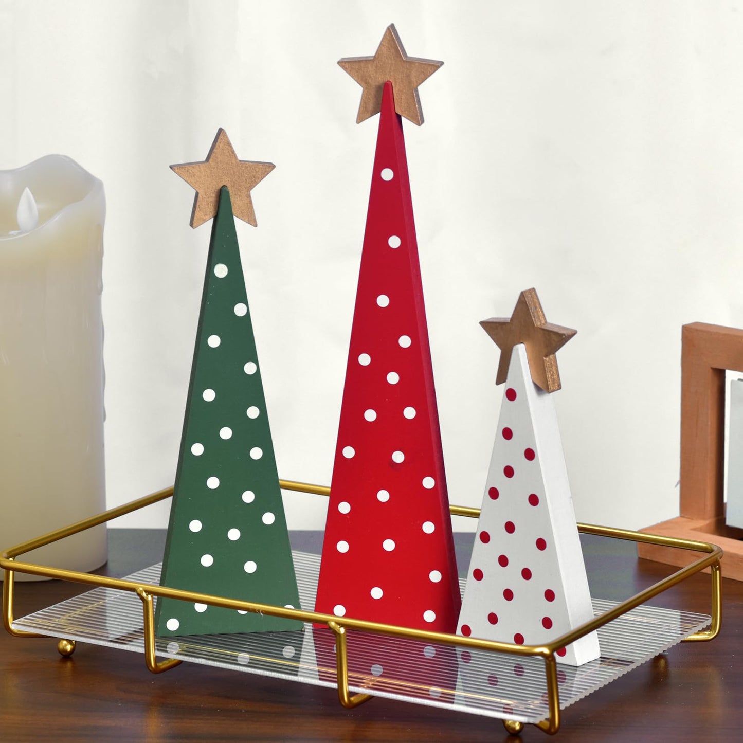 Wooden Christmas Tree Table Decor, 3PCs Rustic Wood Xmas Trees with Detachable Stars, Christmas Decorations Tabletop Shelf, Tiered Tray Centerpieces for Holiday Home Decor (Gold Star)