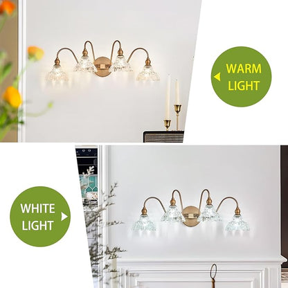 Vintage 4-Light Brass Bathroom Vanity Light Fixtures, Wall Sconces Vanity Lighting Fixture for Bedroom Bathroom Dressing Room Living Room