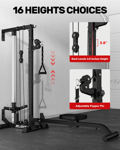 JELENS RC01 Foldable LAT Pulldown Machine with Adjustable seat, Wall Mount Cable Station with 16 Adjustable Positions, Cable Machine Home Gym 2 in 1 (Black, Classical)