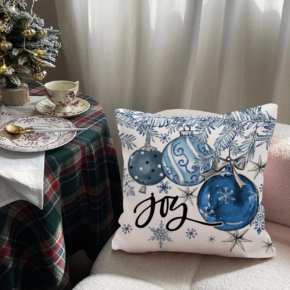 AACORS Christmas Pillow Cover 20X20 Inch Baubles Christmas Tree Stars Joy Decoration Holiday Farmhouse Winter Pillow Case for Sofa Couch Decor（Blue） AA614-20