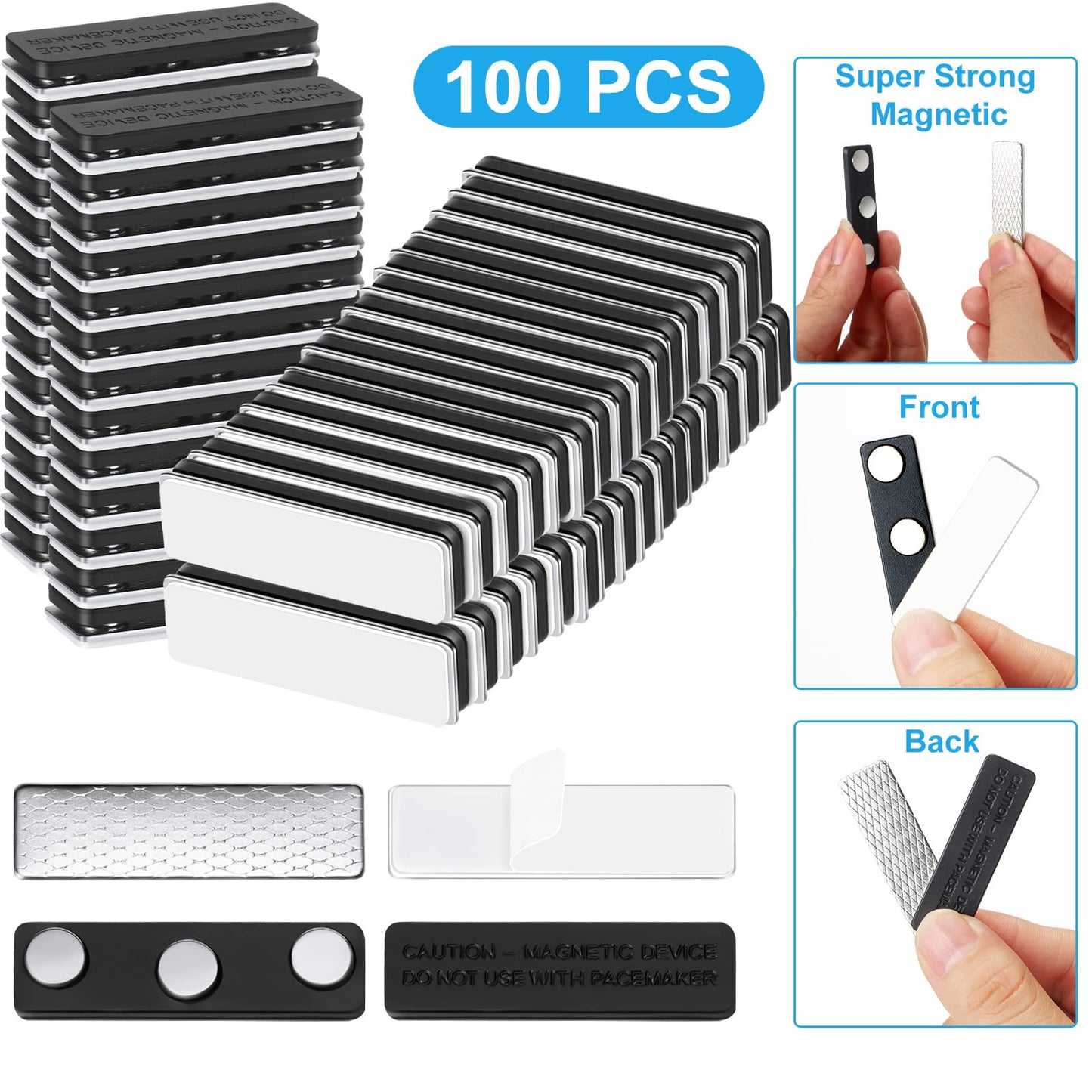 Mtlee 100 Packs Name Tag Magnets Magnetic Name Badge Holders ID Fastener Clip with 3 Neodymium and Adhesive Backing for Uniform Jackets(Black)