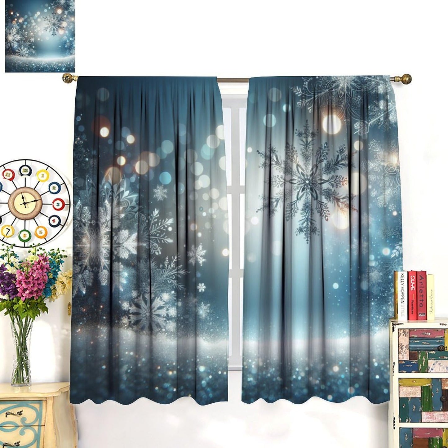 Merry Christmas Curtains Blue Snowflake for Living Room Bedroom Decor Window Drapes Happy New Year 42" W X 45" L