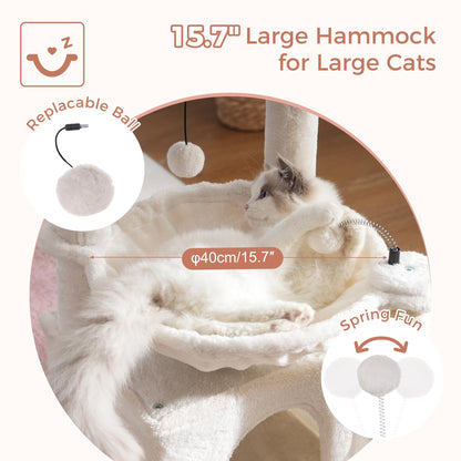 Pawfessor Cat Tree 32 Inches Small Cat Tree for Large Cats Adult Cat Tower with Scratching Post,15.7”Large Hammock and Self Groomer, and Removable Top Perch and Wide Condo for Indoor Cats-Beige