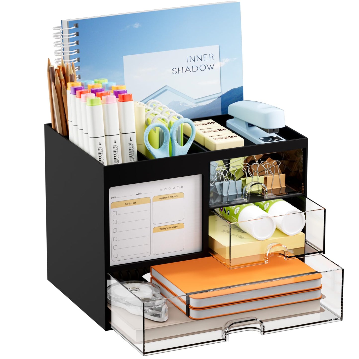 Marbrasse Desk Organizer with 3 Drawer, Multi-Functional Pencil Pen Holder for Desk, Desk Organizers and Accessories with 4 Compartments, Desktop Organizer Storage for Office Home Art Supplies (Black)