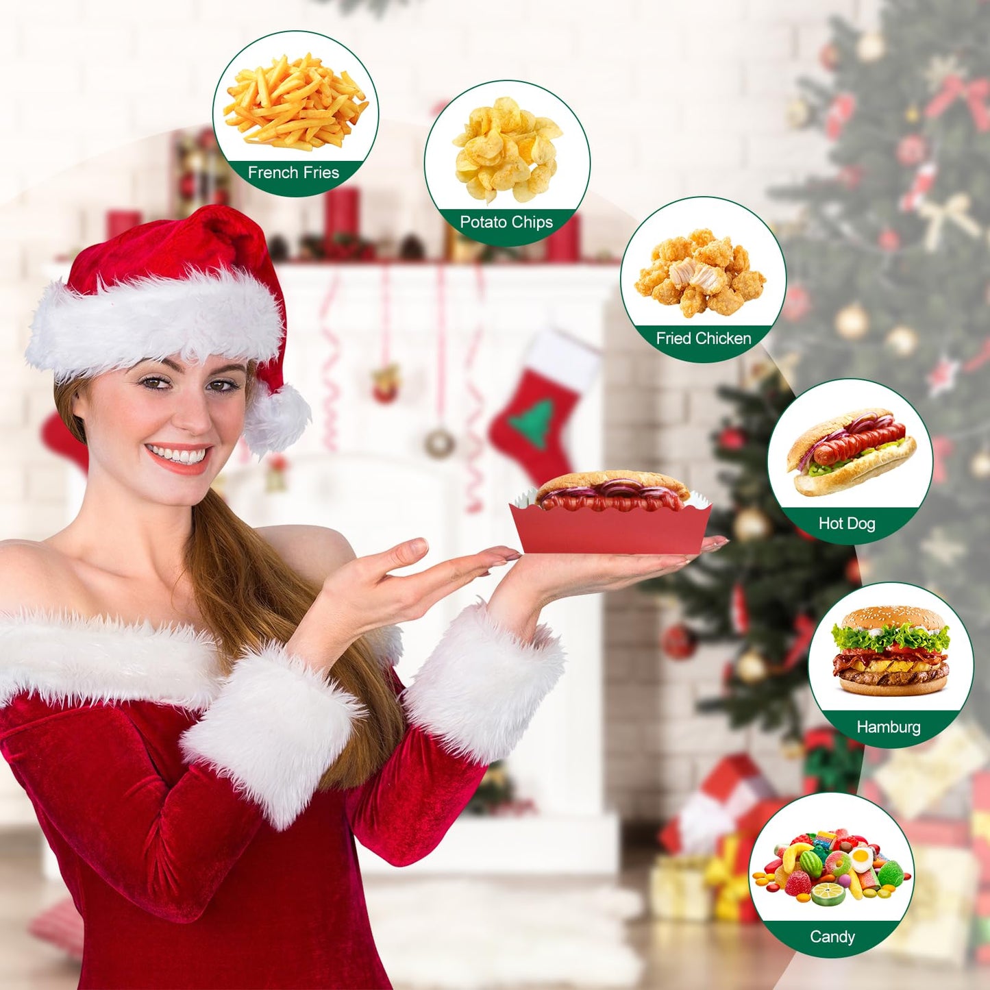 100 Pcs Christmas Paper Food Trays Christmas Cookie Tray for Gift Giving Red and Green Scalloped Food Serving Boat Disposable Trays for Serving Snack Xmas Holiday Party Decorations
