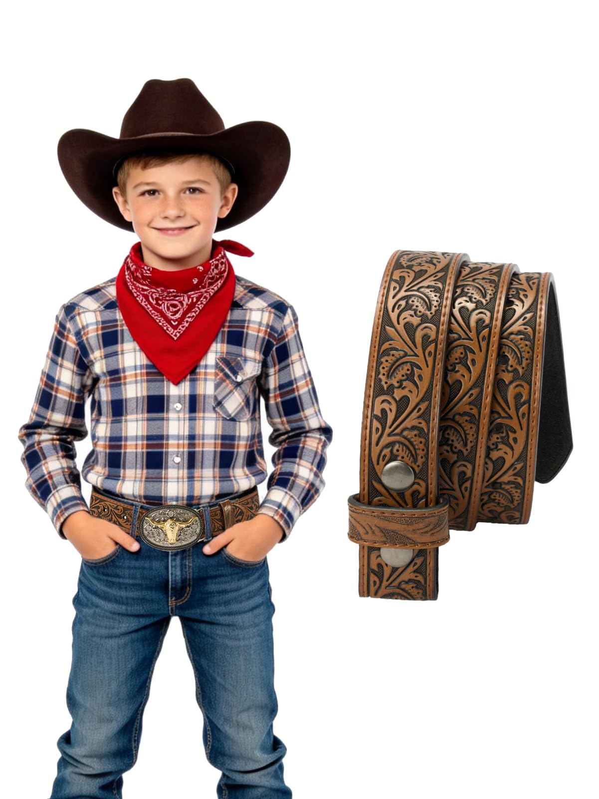 Kids Boys Western Belt Cowboy Leather Belt-Girls Adjustable Embossed Leather Belt Strap for Jeans Gift (Brown, 33.5" fit waist 27"-30.5")