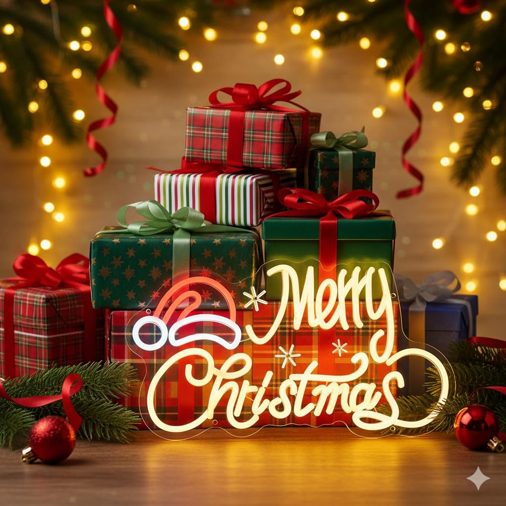 Neon Sign with Santa Hat, 16x9 In Xmas Led Neon Sign USB Powered Merry Christmas Neon Light Up Sign for Home Wall Decor Kids New Year Party Backdrop