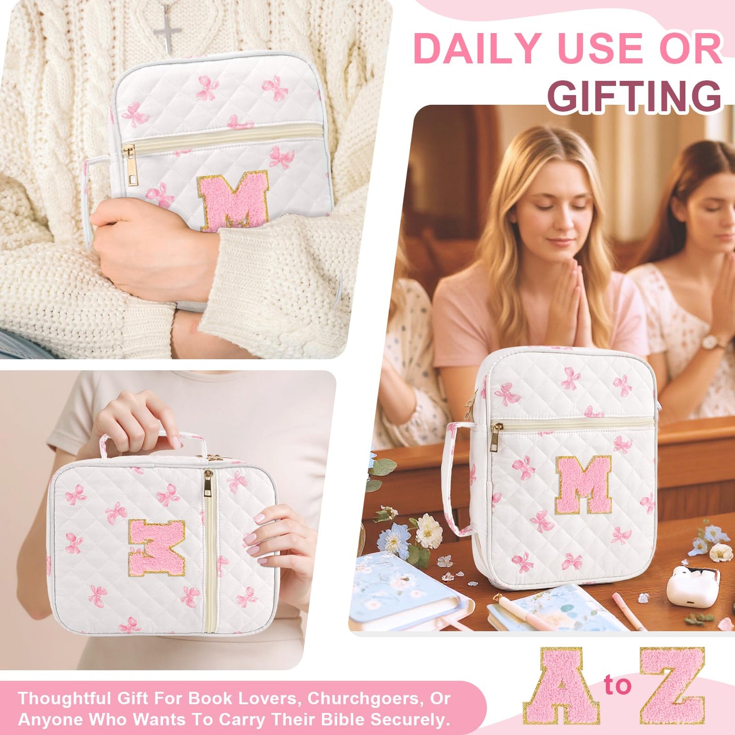 Personalized Initial Bible Cover Case for Women Girls Kid - Large Quilted Bible Case with Handle, Stylish Chenille Letter Bag Study Supplies, Perfect Christmas Gifts for Christians Women (Pink Bow-M)