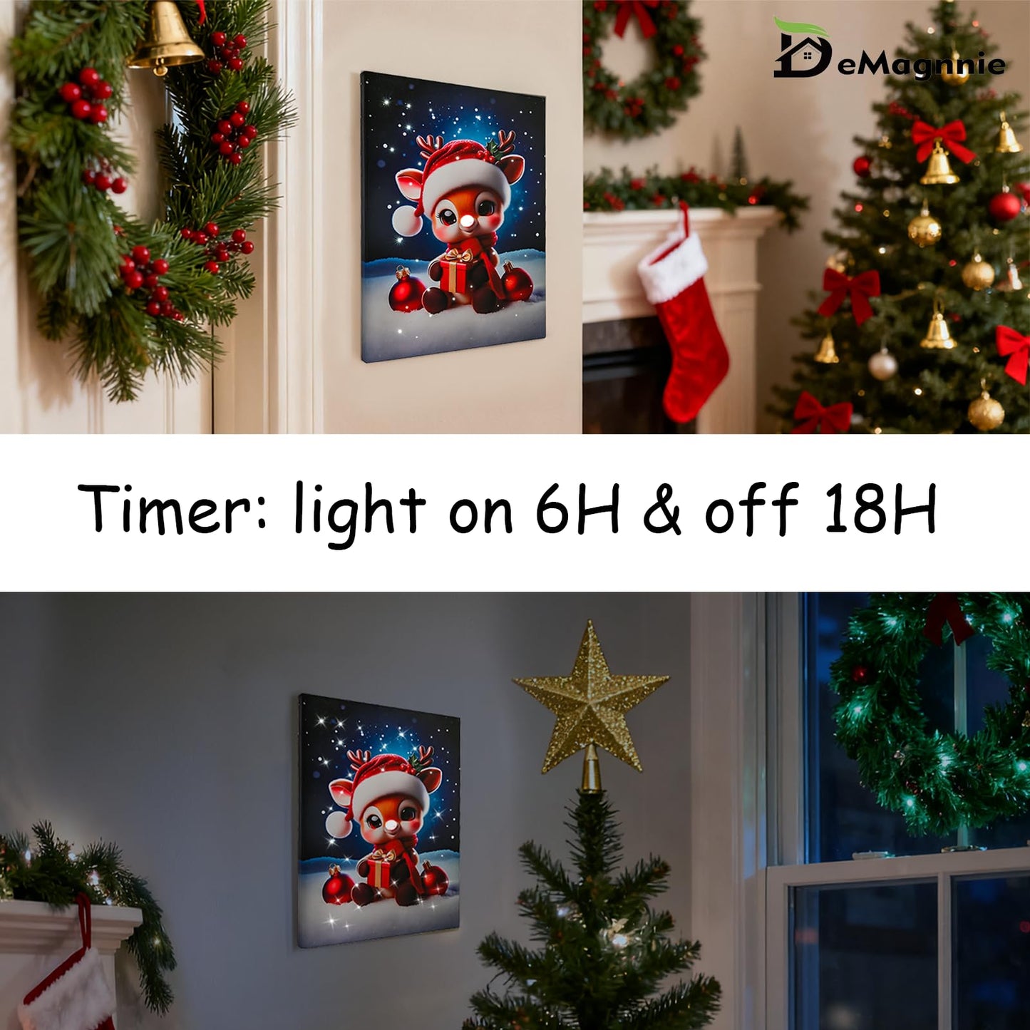 Fiber-optic Light up LED Christmas Canvas Wall Art w/Timer, Lovely Reindeer Baby Portrait Lighted Pictures on Battery, Ready to Hang Design, Cute Deer Christms Gifts Print for Kids Bedroom Wall Decor
