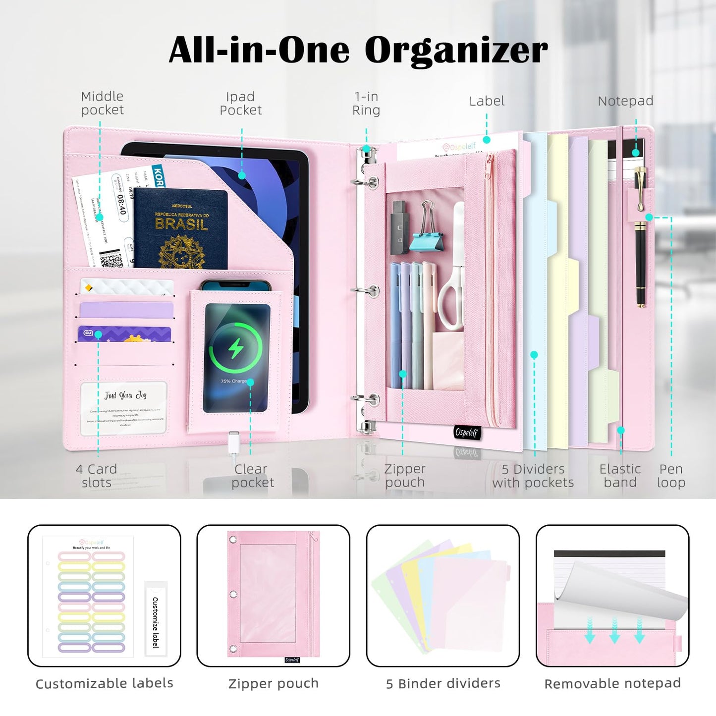 Ospelelf Pink Leather Binder with Magnetic Clipboard, 1 Inch Binders 3 Ring with Storage Zipper Pouch, Pocketed Dividers, Professional Clipboard Folder for School Office Nursing