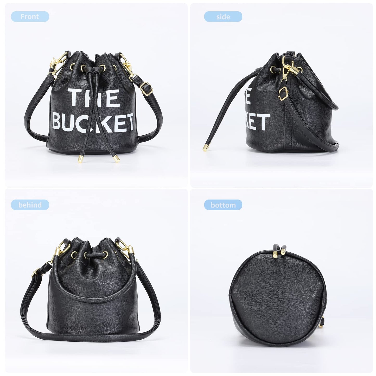 JQAliMOVV Mini Leather Bucket Bags for Women Drawstring Bucket Purse Crossbody Handbags Hobo Bag (Black)