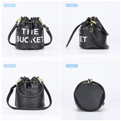JQAliMOVV Mini Leather Bucket Bags for Women Drawstring Bucket Purse Crossbody Handbags Hobo Bag (Black)