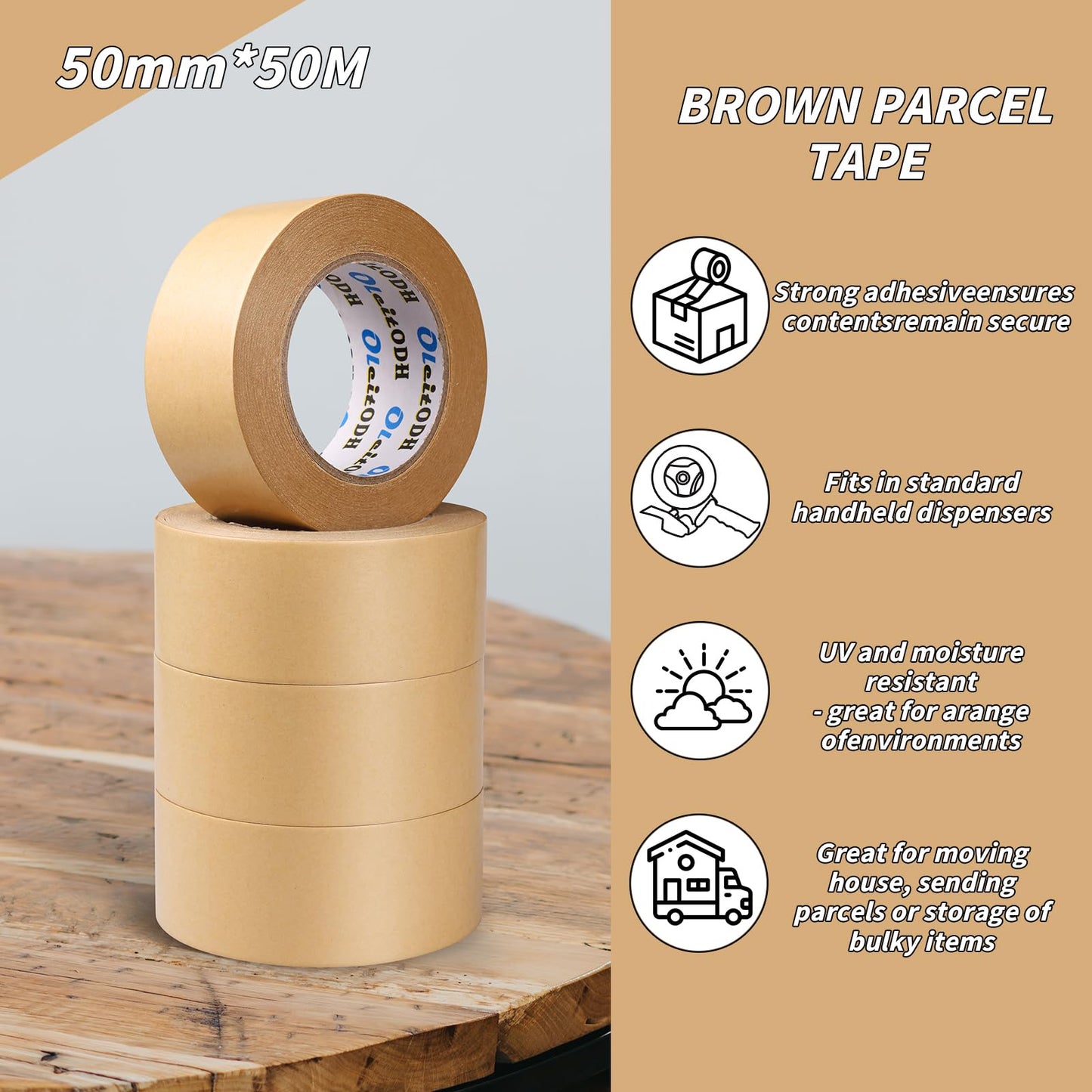 Oleitodh 12 Pack Brown Paper Packing Tape, Kraft Paper Tape Bulk 2" x 55 Yardx 7 mil Gummed Tape for Marking, Sealing Box, Masking, Shipping, Strong Adhesive Easy-to-Tear Waterproof Tape
