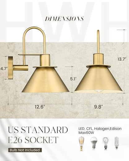 Wall Sconces for Bathroom Set of 2, HWH Wall Mount Lighting with Metal Shade, Gooseneck Gold Wall Lights for Living Room Mirror Kitchen, Gold Finish, 5HZG56BL-2 BG
