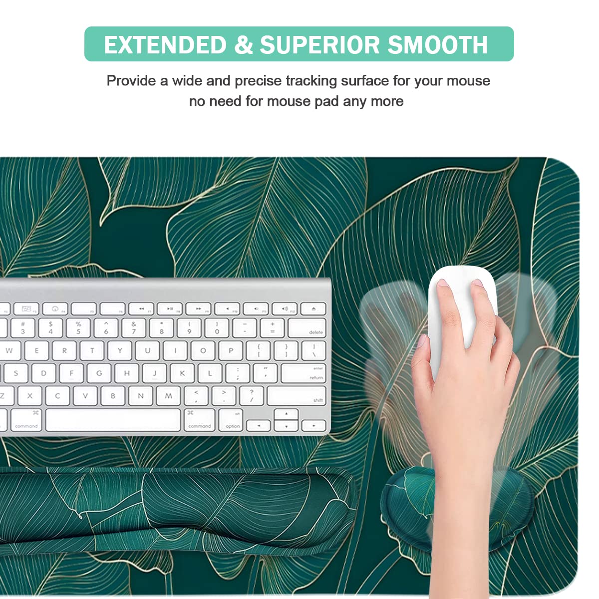 Ergonomic Large Mouse Pad and Keyboard Wrist Rest, Desk Pad for Keyboard and Mouse, 4-in-1 Large Gaming Mouse Pad with Wrist Support for Home Office Study Game-Green Leaves