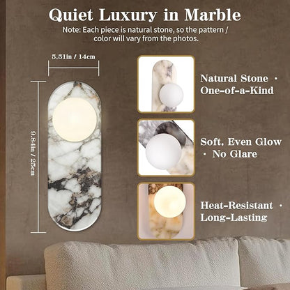 Natural Marble Wall Sconce with Alabaster Glass Globe, Modern Hardwired Wall Light Fixture for Bedroom, Bathroom, Dining Room, Hallway, Stairs (1-Light Sconce)