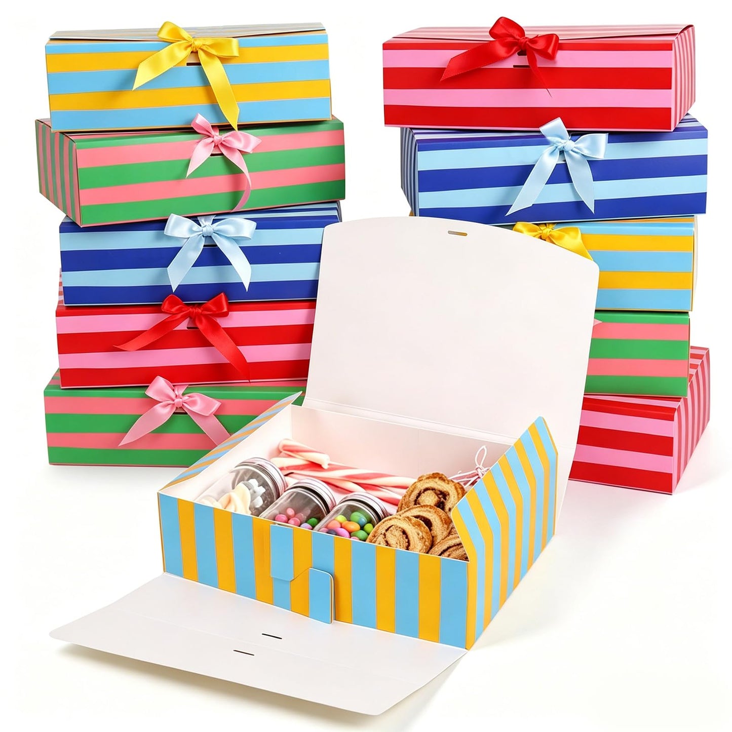 Whaline 16Pcs Stripe Treat Boxes with Lid & Ribbon Closure Colorful Summer Striped Gift Paper Box Empty for Cookies Candy Wedding Birthday Baby Shower Pool Party Favors
