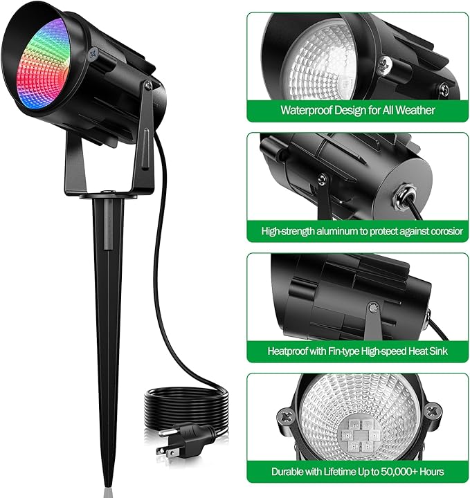 Christmas Halloween Spotlights Outdoor RGB Spotlight 12W Color Changing Landscape Lighting with Remote Control for Tree Garden Pathway 120V Waterproof Landscape Spotlights Lamp for Party Decor(6 pack)