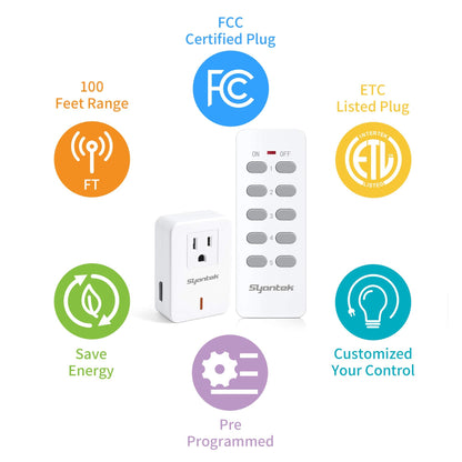 Remote Control Outlet Wireless Light Switch for Household Appliances, Expandable Remote Light Switch Kit, Up to 100 ft Range, White (5 Outlets + 2 Remotes)