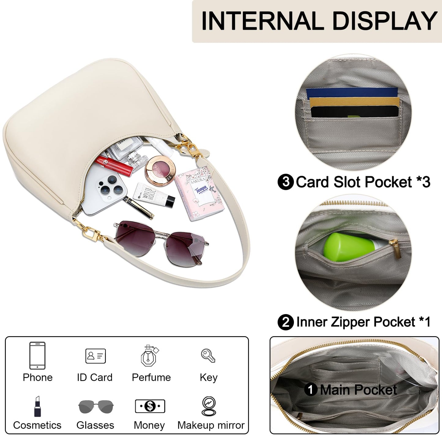 KKXIU Shoulder Bag for Women Cute Hobo and Tote Handbags Retro Clutch Underarm Purse with 2 Removable Straps (Beige)