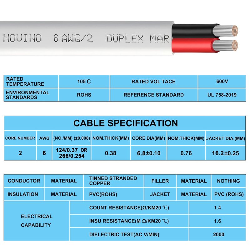 6 AWG Marine Wire - Duplex Marine Grade Tinned Copper Cable | 50ft for Boat, RV, Automotive Use