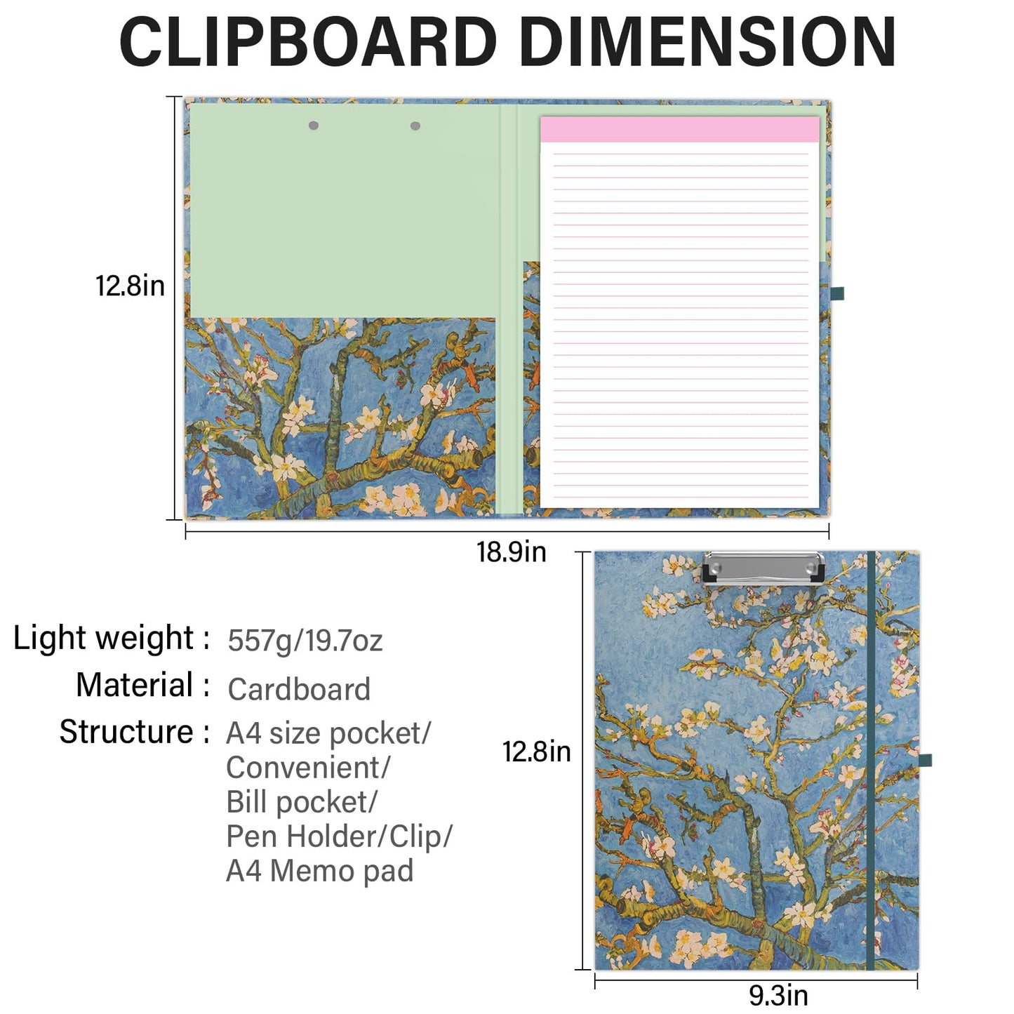 A4 Cute Clipboard Folio with Notepad Clipfolio and Interior Storage, Foldable Nursing Legal Size Clipboards for Work/Kids/Teachers - Almond Tree