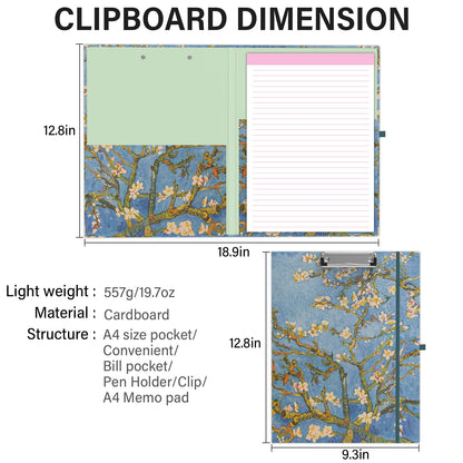 A4 Cute Clipboard Folio with Notepad Clipfolio and Interior Storage, Foldable Nursing Legal Size Clipboards for Work/Kids/Teachers - Almond Tree