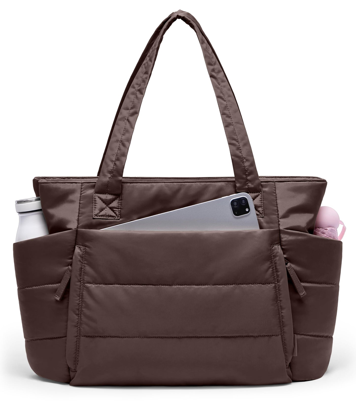 Tote Bag for Women with Zipper, Quilted Puffer Tote Bag with Compartments, Lightweight Puffy Work Bags for Women Travel (Dark Brown)