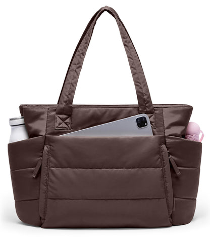 Tote Bag for Women with Zipper, Quilted Puffer Tote Bag with Compartments, Lightweight Puffy Work Bags for Women Travel (Dark Brown)
