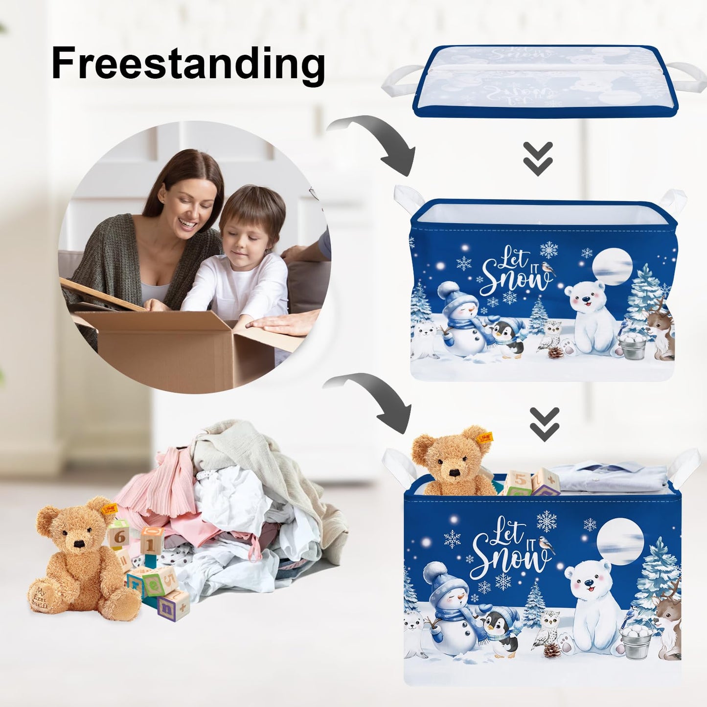 Clastyle Winter Animals Storage Basket Christmas Snowman Penguin Gift Basket Kid Polar Bear Deer Owl Seal Nursery Bin Large Clothes Toy Book Shelf Basket Cube