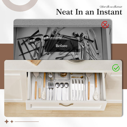 Criusia Drawer Organizer, 10 Pack Large Clear Plast Set, 3 Size Versatile Bathroom and Vanity Organizer Trays, Storage Bins for Makeup, Bedroom, Kitchen Utensils