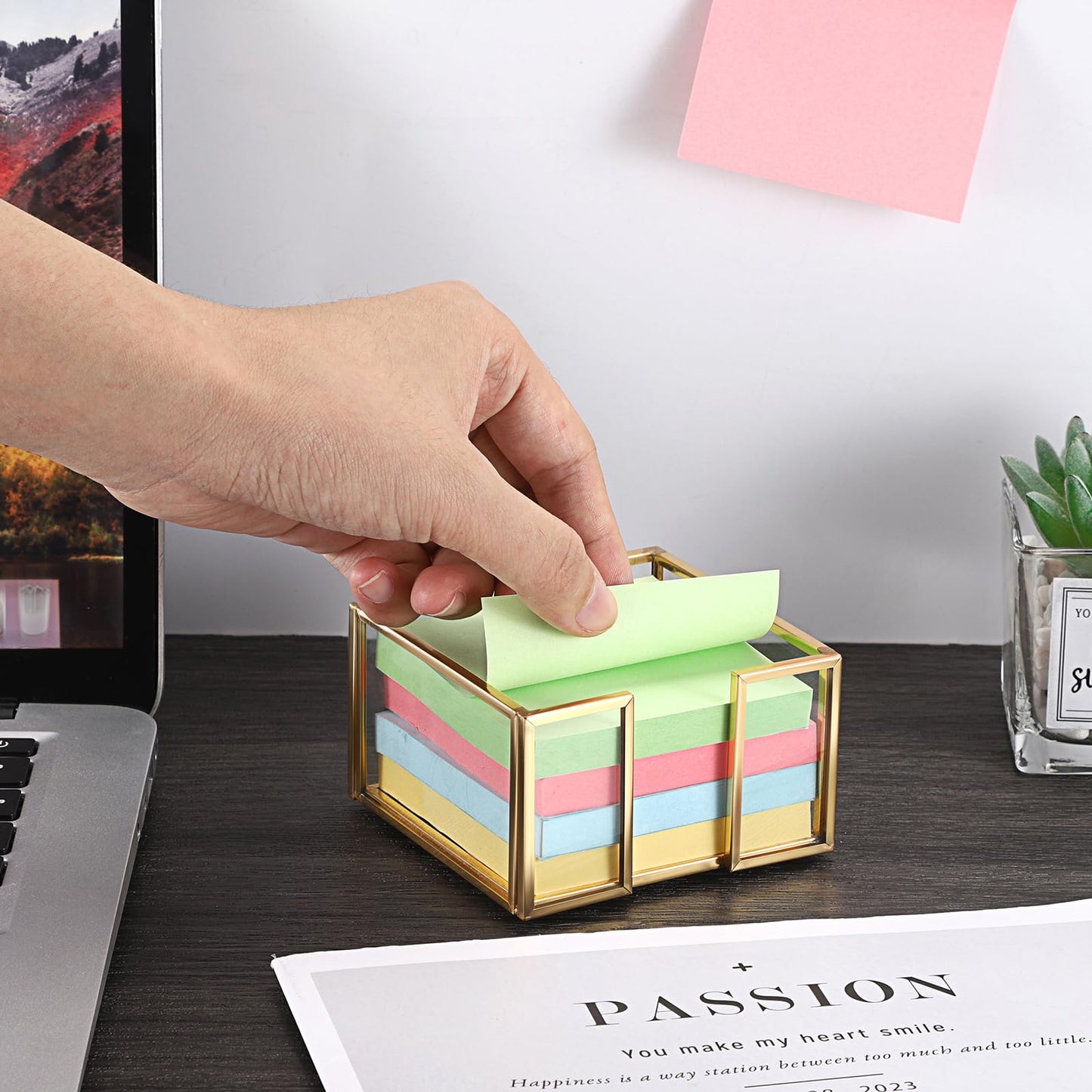 BTSKY Golden Glass Sticky Note Holder for 3x3 Inch Sticky Notes, Elegant Post It Note Dispenser with Non-Slip Pads Clear Notepad Holder for Desk Organization Planning, Home Office Decor
