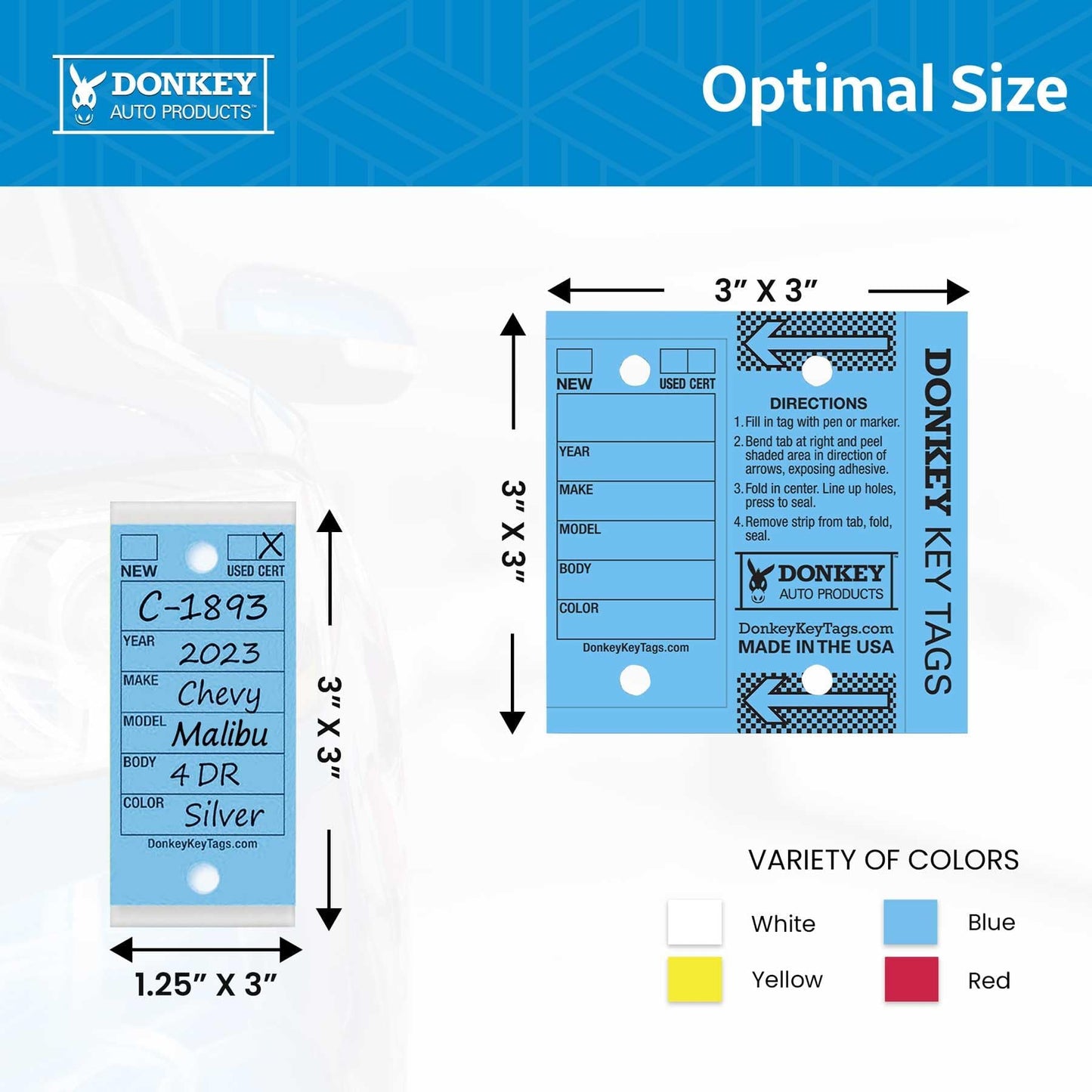 Donkey Key Tags, Laminated Self-Protecting (250 Tags per Box with Metal Rings) (Blue)