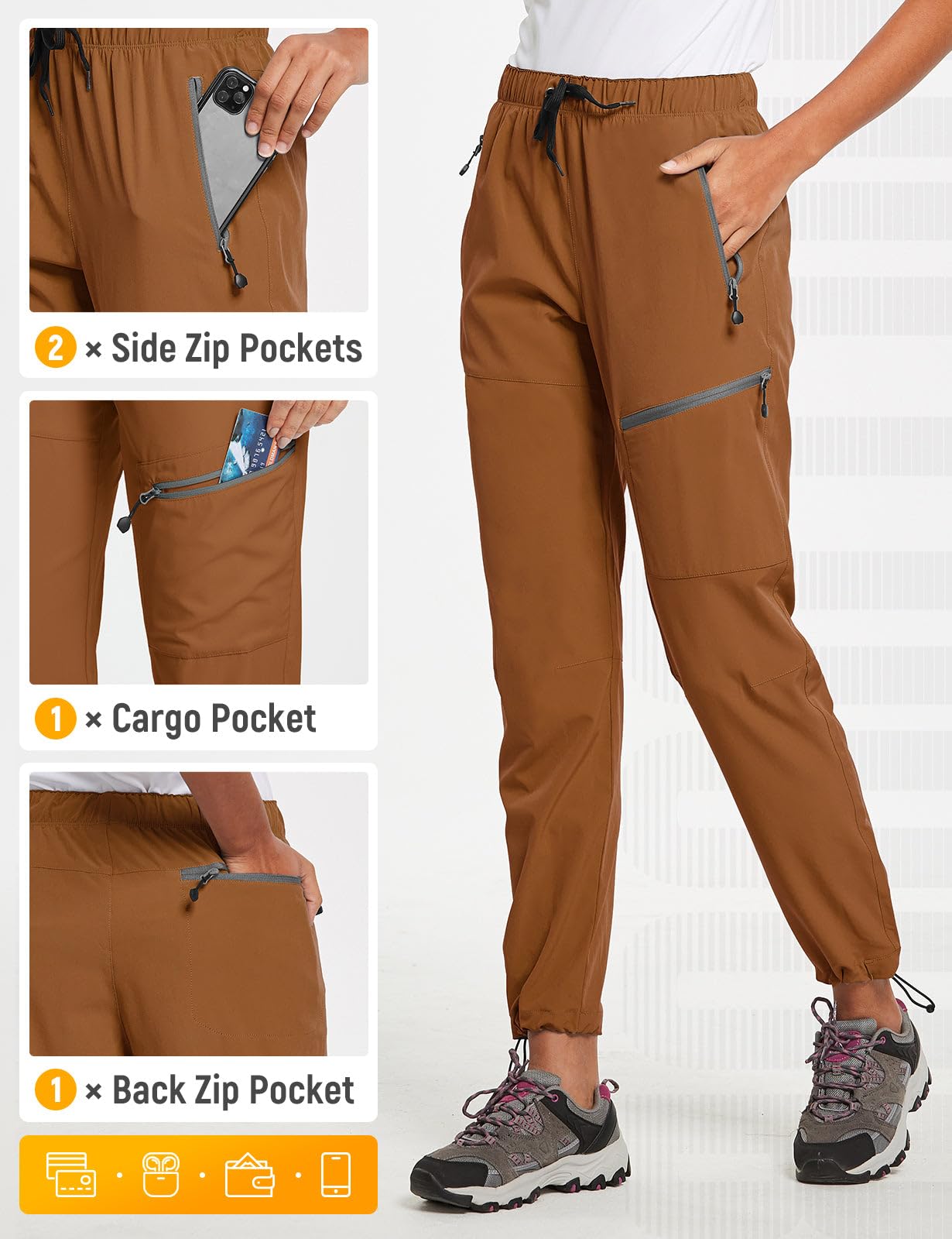 baleaf Travel Pants Women Hiking Long Tall Lightweight Quick Dry Water Resistant Cargo Pants 31'' Trip 31''-Caramel S