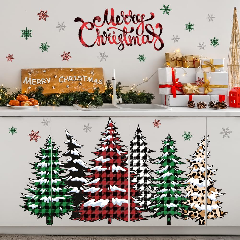 Merry Christmas Wall Decal Buffalo Checkered Christmas Tree Wall Stickers Winter Snowflake Window Clings for Xmas Holiday Festival Party Supplies